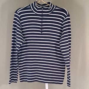 L.L. Bean Navy and White Striped Quarter-zip Pullover Sweater 100% Cotton Large